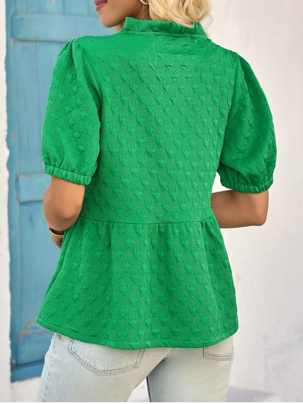 NWT Peplum Puff Sleeve Tops Dressy Casual Textured Blouses V Neck Ruffle Medium - Picture 6 of 10